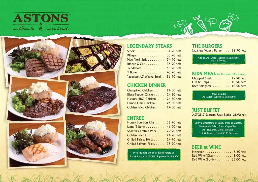 Astons steak and salad buffet menu
